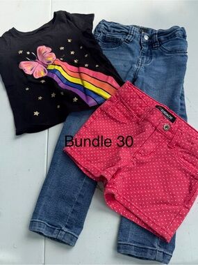 Girls Rainbow Butterfly Tee + Denim Jeans + Pink Polka Dot Shorts - Bundle